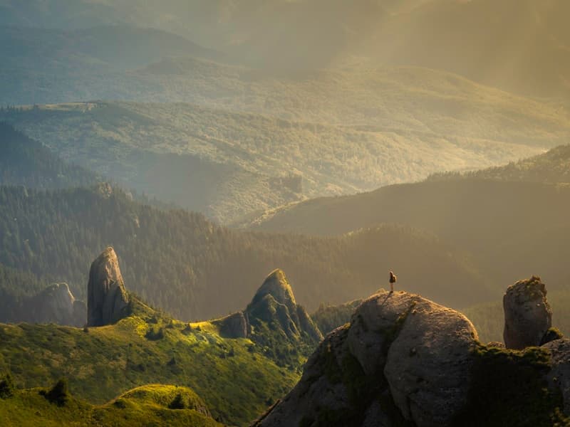 Beautiful mountain landscape with travelers